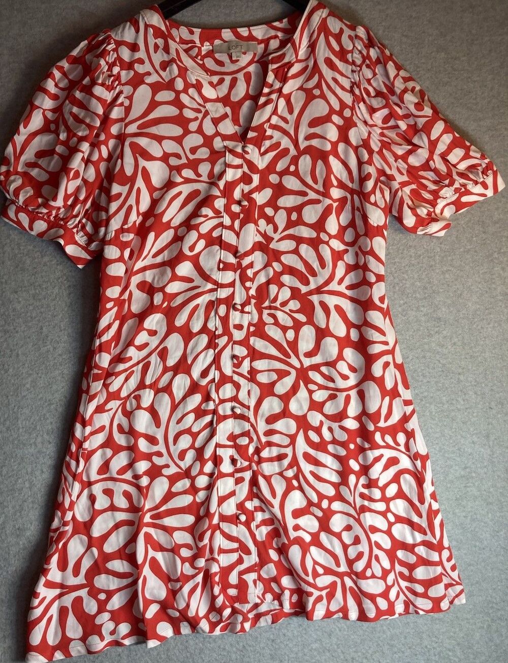 Loft Red Tropical Leaf Dress Sz L Flowy Vacation Puff Sleeve Knee Length Mini